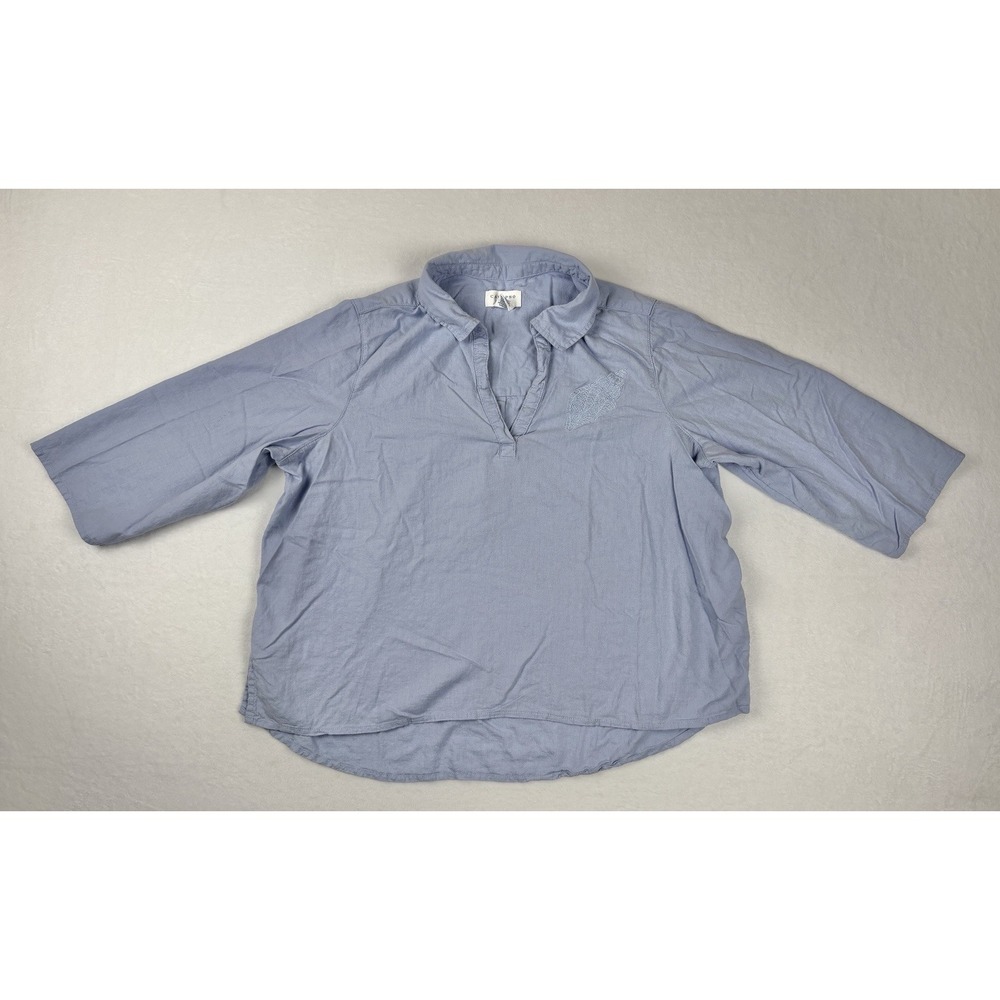 Calypso St. Barth Women's Plus 1X Blue 3/4 Sleeve Blouse High Low Hem
